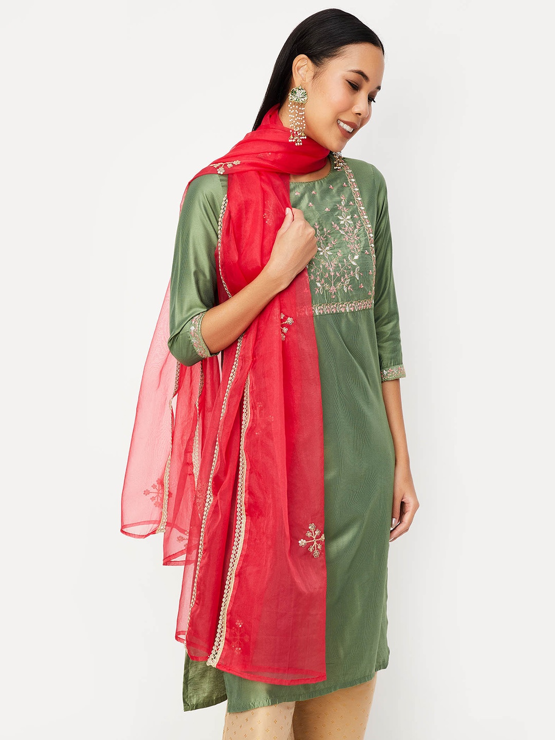 

max Embroidered Organza Dupatta with Sequinned, Red