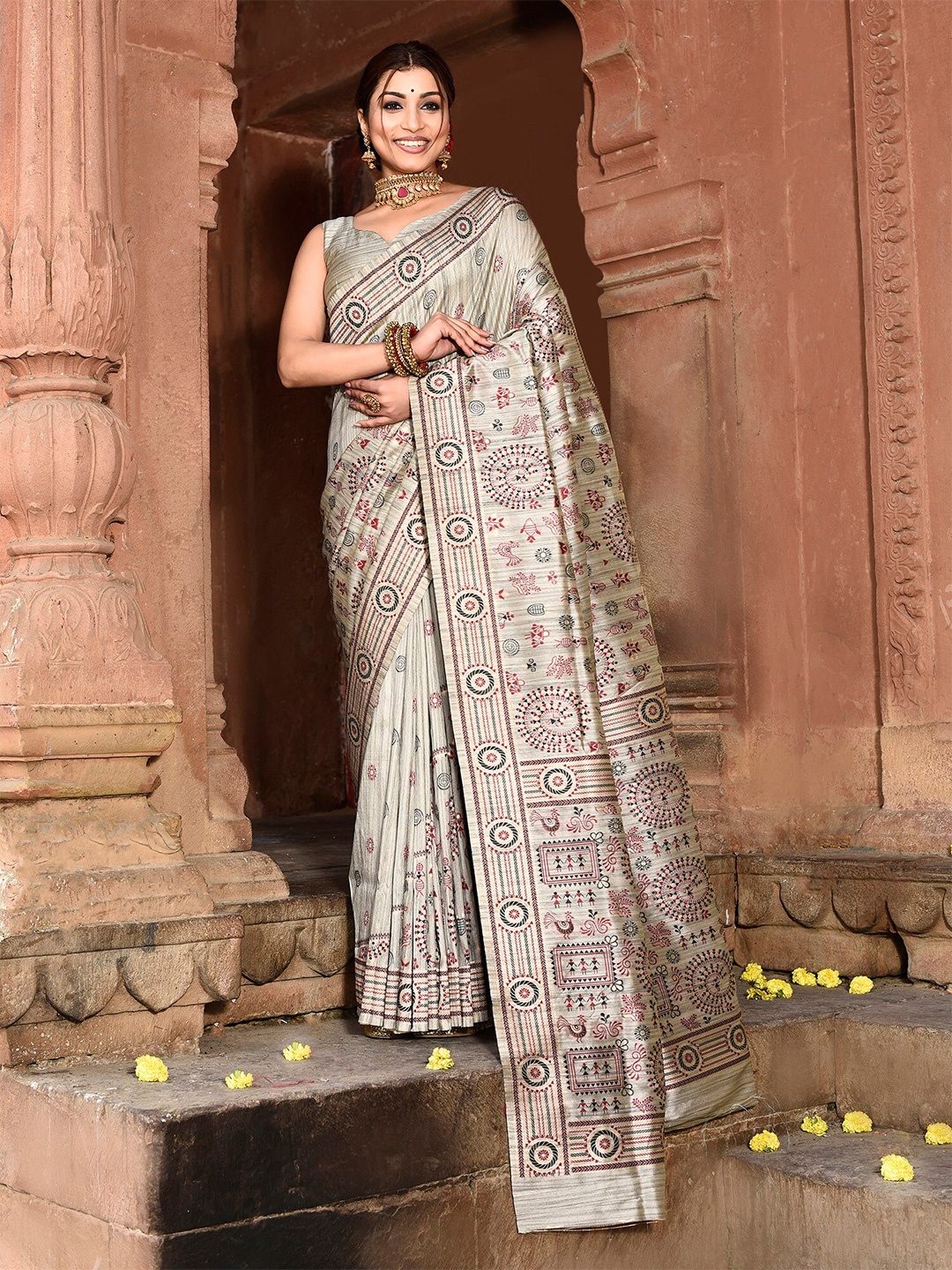 

elora Ethnic Motifs Woven Design Zari Tussar Saree, Grey