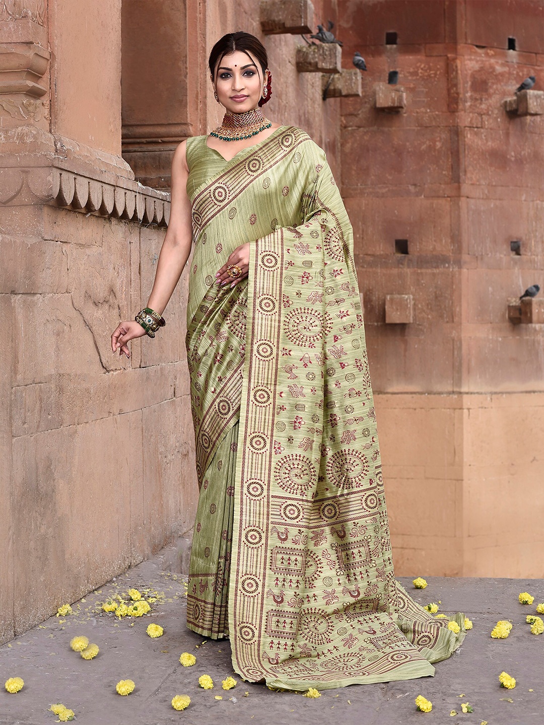 

elora Warli Printed Tussar Saree, Green