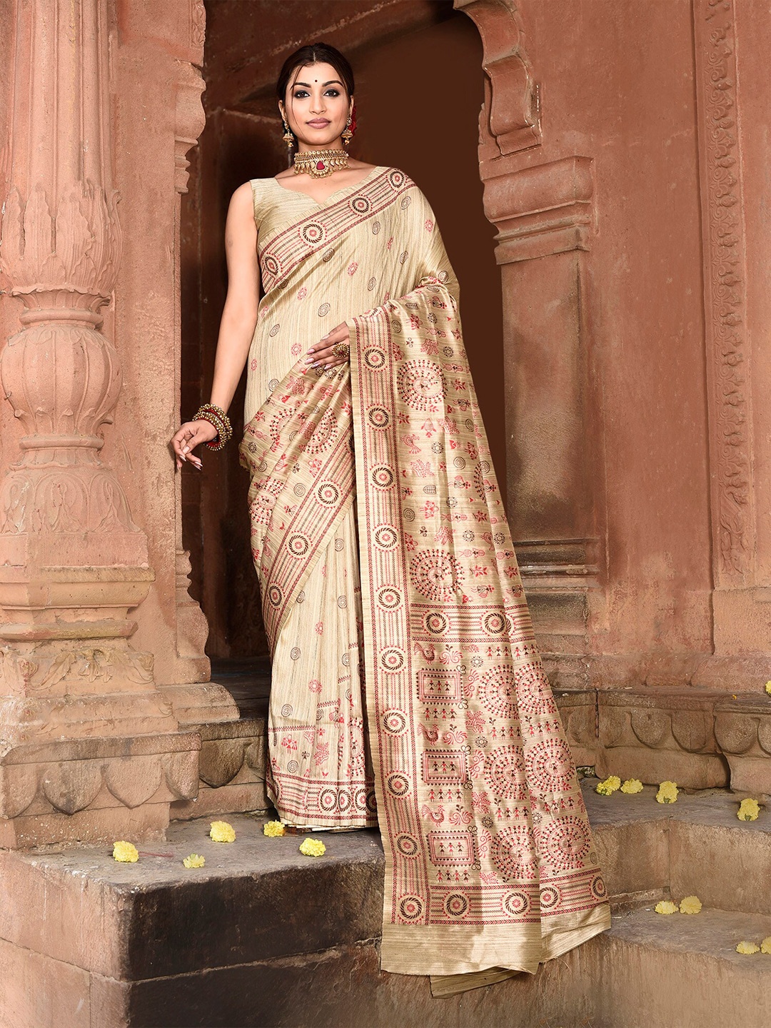 

elora Warli Woven Design Zari Tussar Saree, Beige