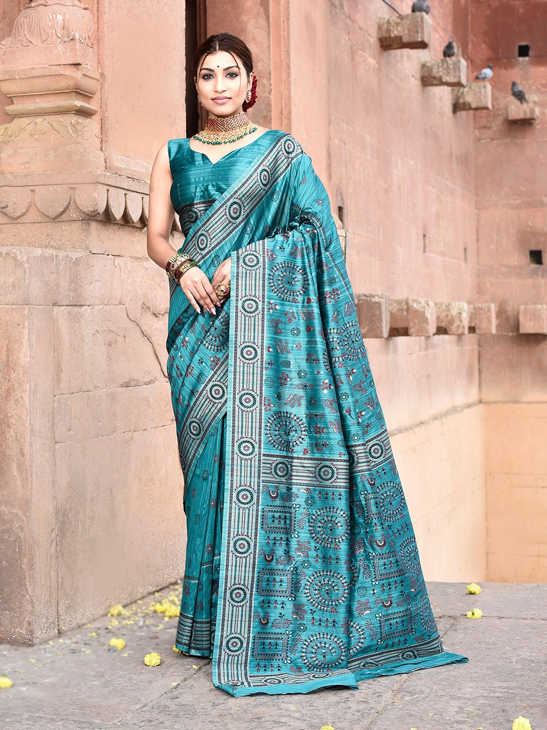 

elora Warli Embroidered Pure Tussar Silk Saree, Teal