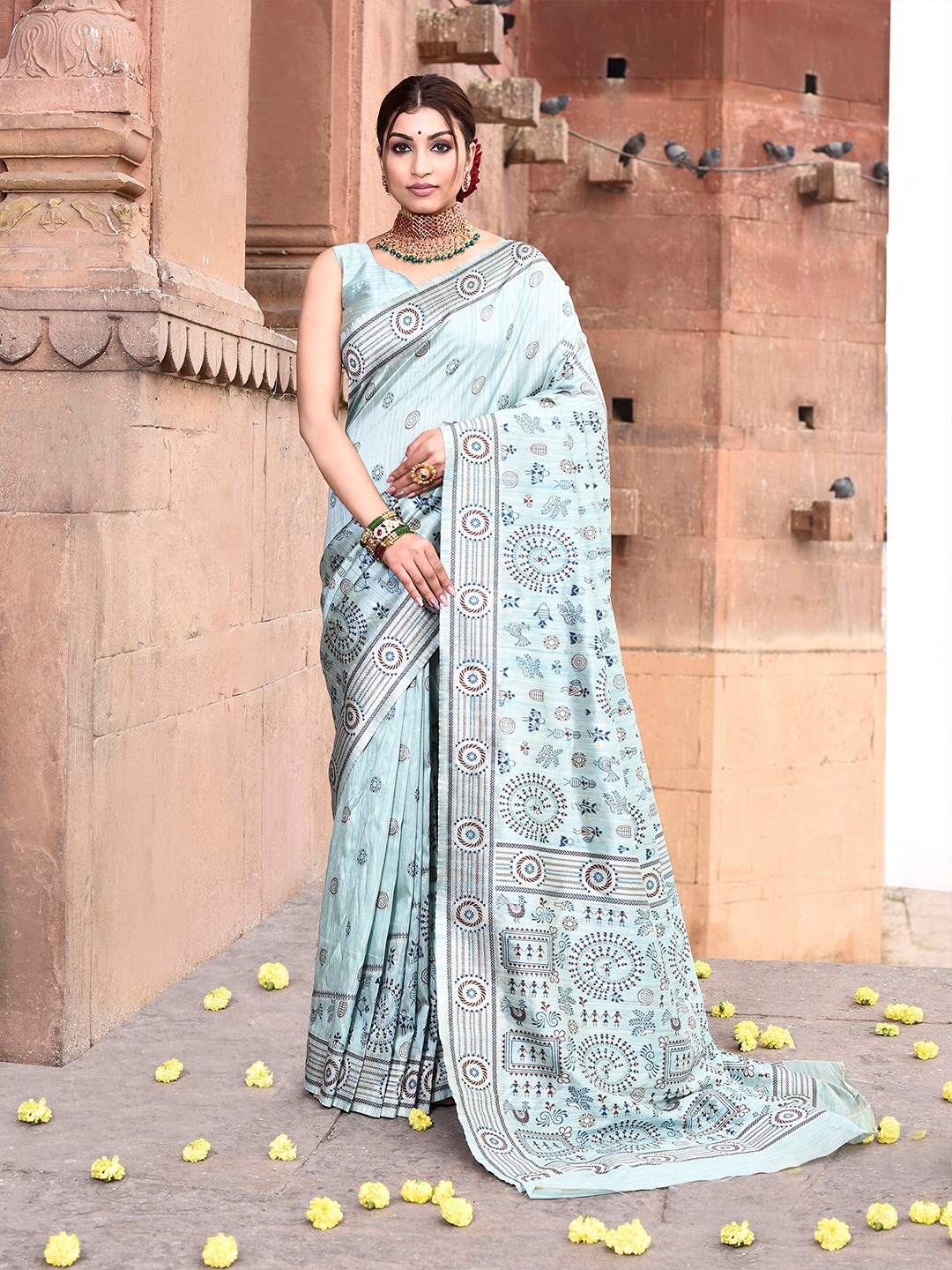 

elora Warli Embroidered Pure Tussar Silk Saree, Turquoise blue