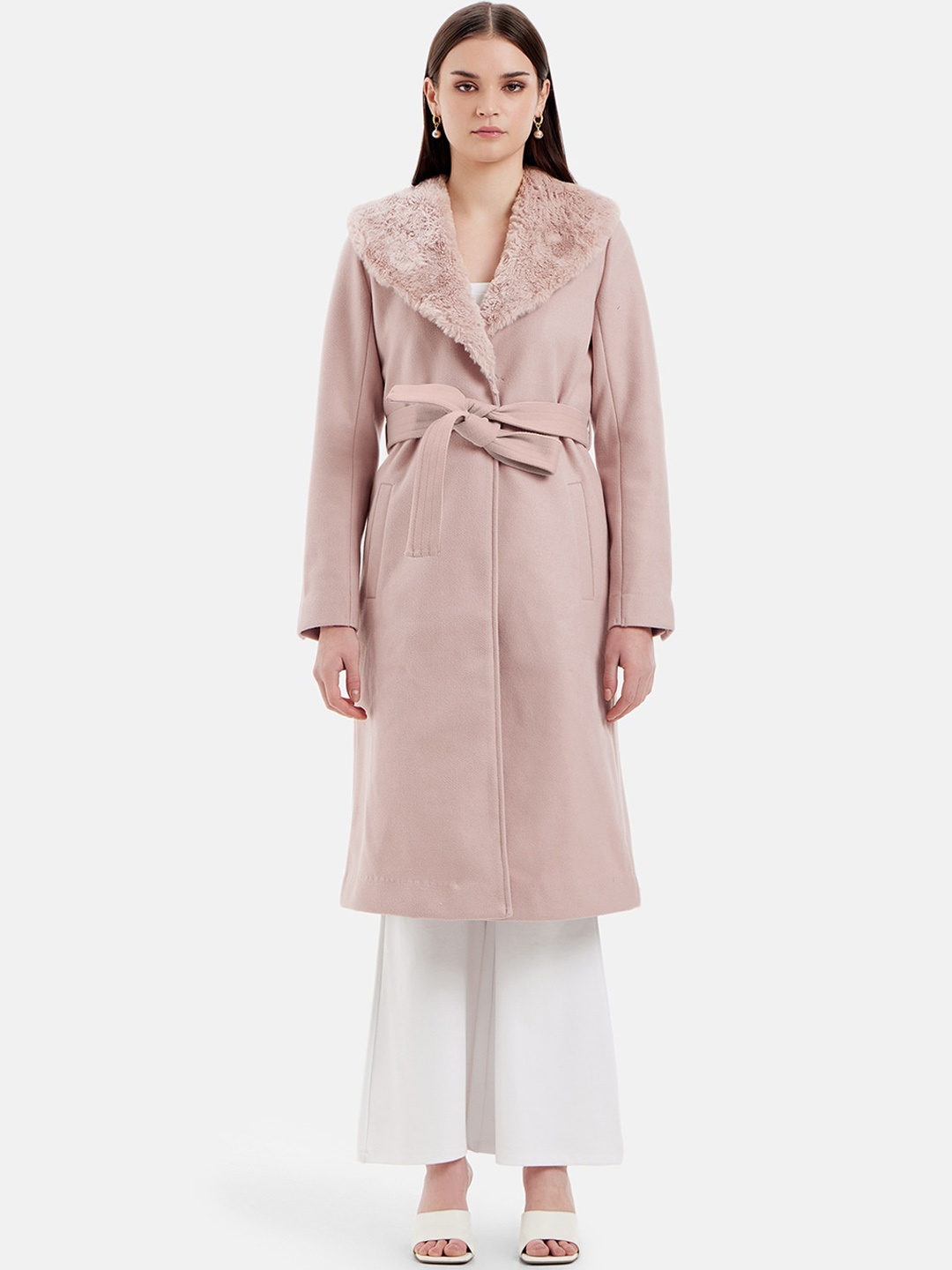 

Kazo Shawl Collar Tie-Ups Overcoat With Fur Collar, Pink