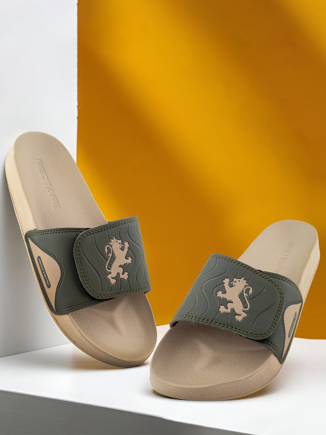 

Red Tape Men Printed Rubber Sliders, Beige