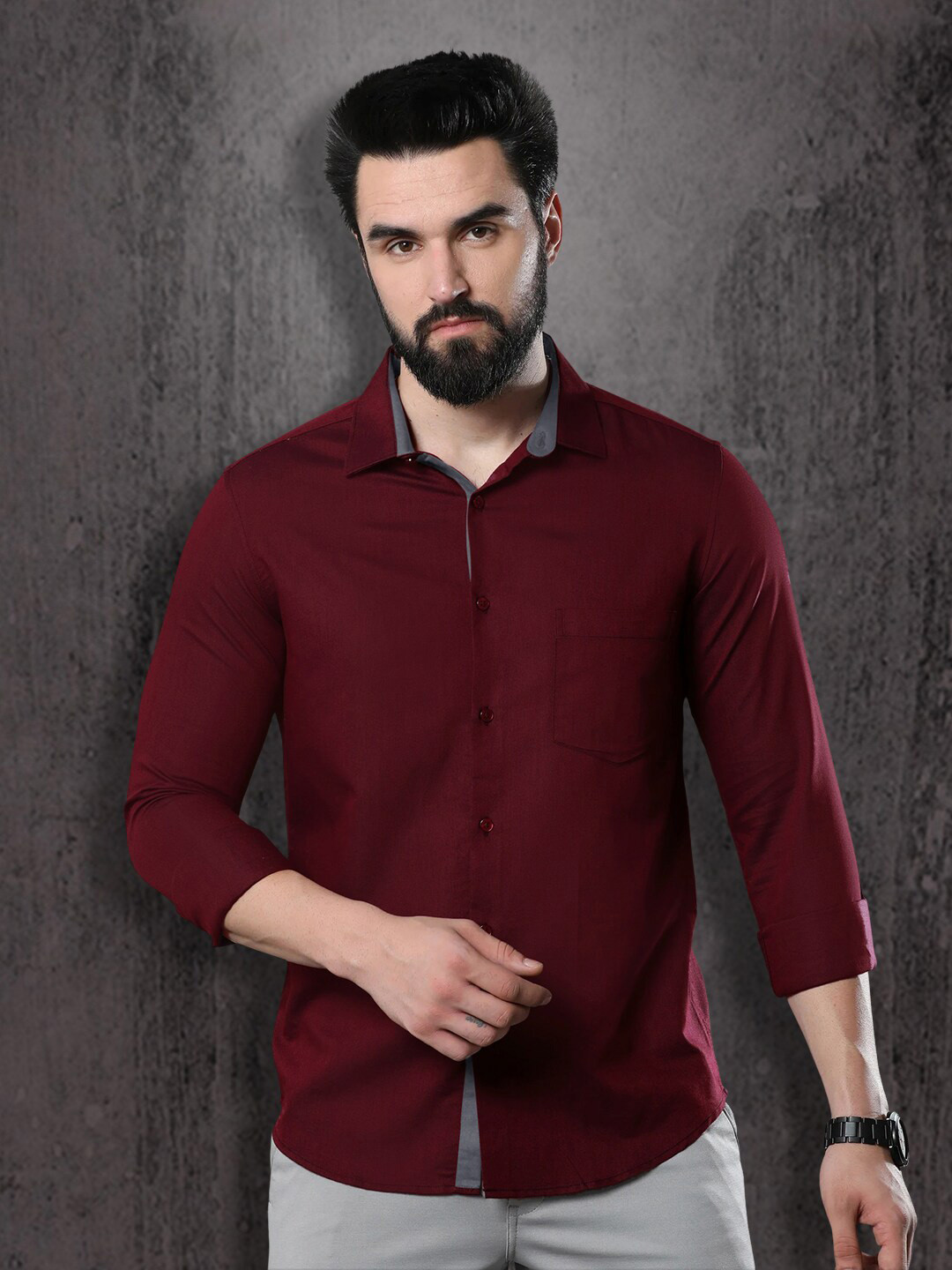 

1 Stop Fashion Standard Spread Collar Opaque Slim Fit Cotton Casual Shirt, Maroon