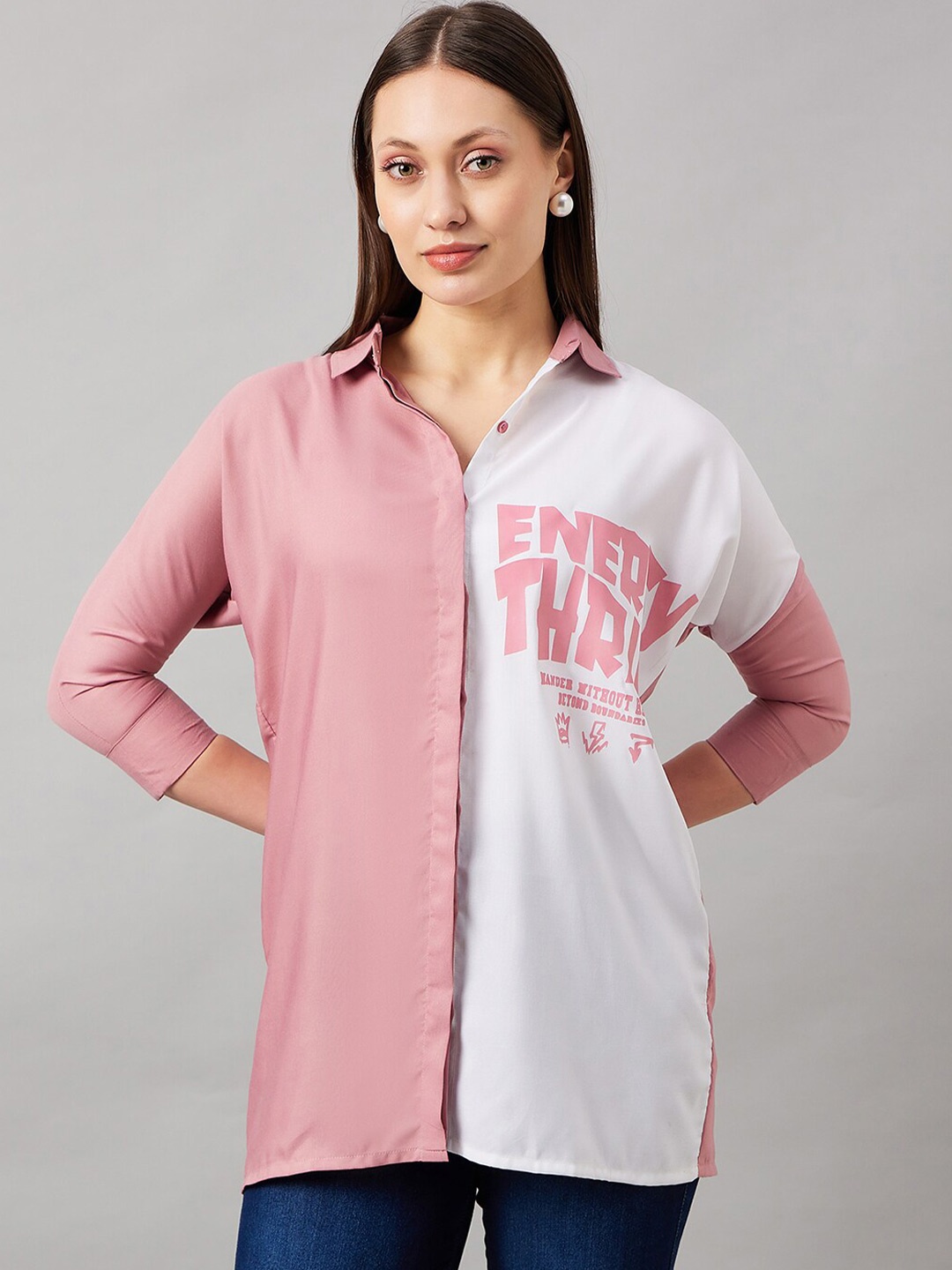 

Roadster Colorblocked Spread Collar Extended Sleeves Boxy Oversized Shirt, Pink