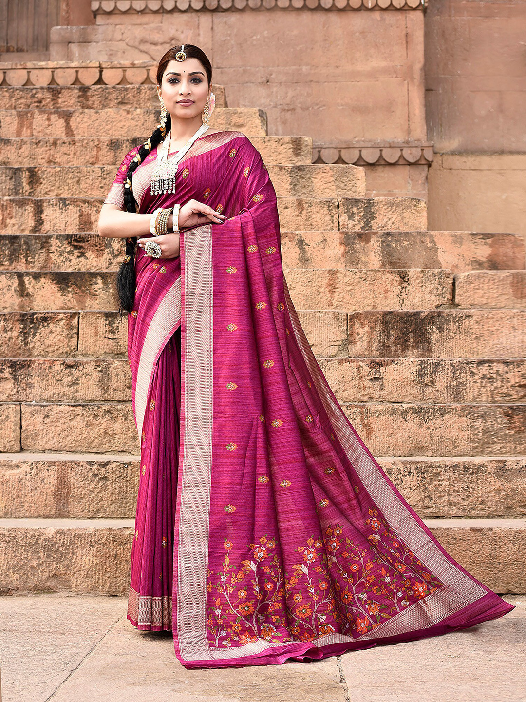 

elora Ethnic Woven Design Tussar Saree, Pink