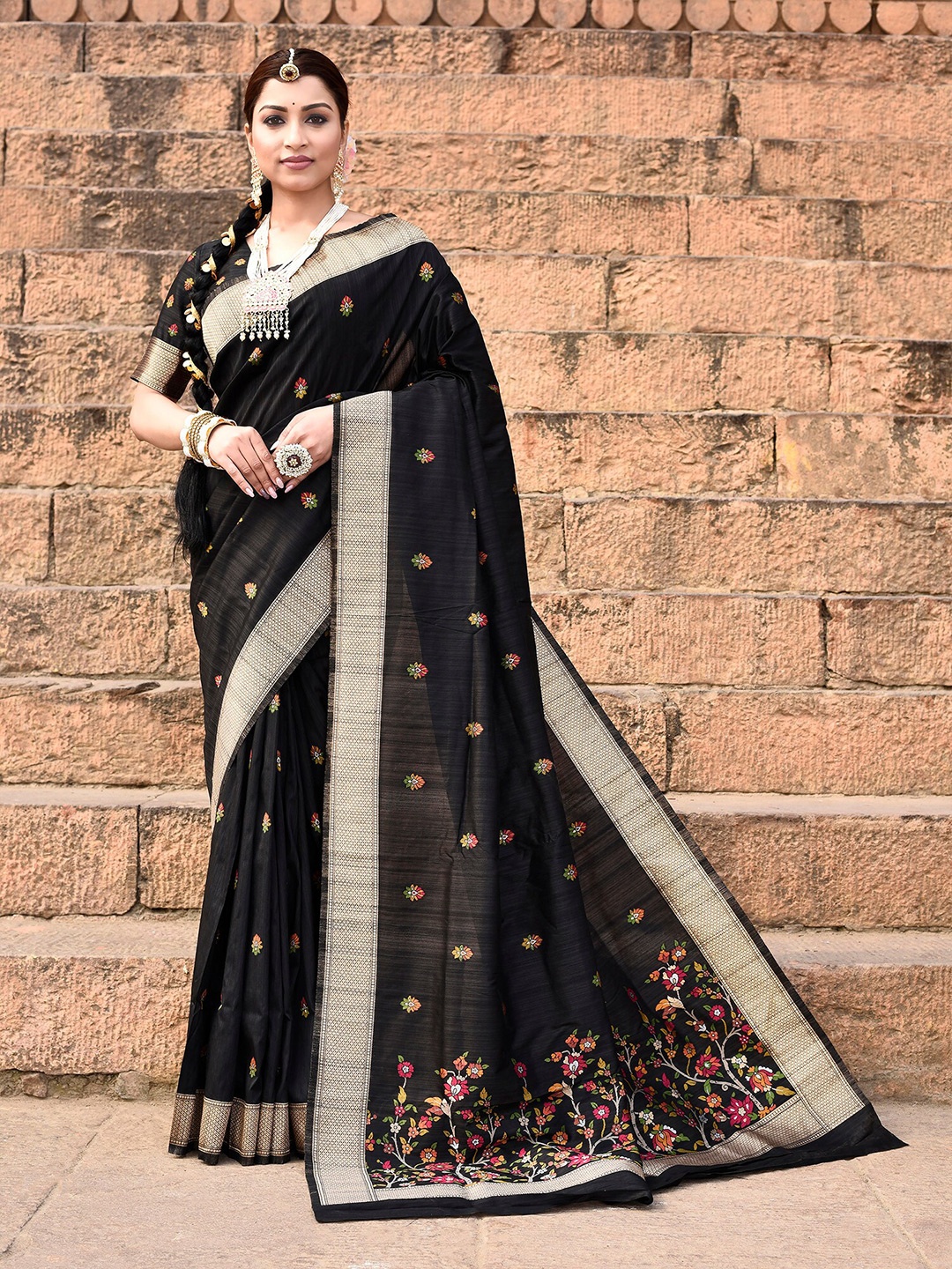 elora Floral Printed Pure Silk Tussar Saree, Black