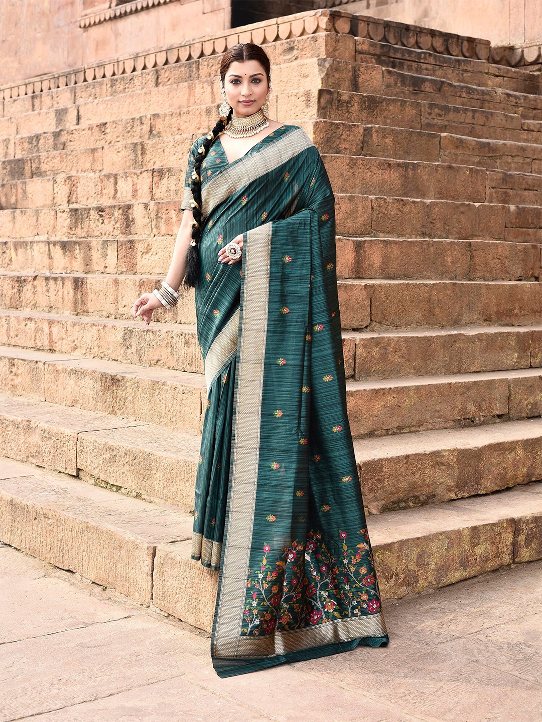 elora Floral Printed Tussar Saree, Green