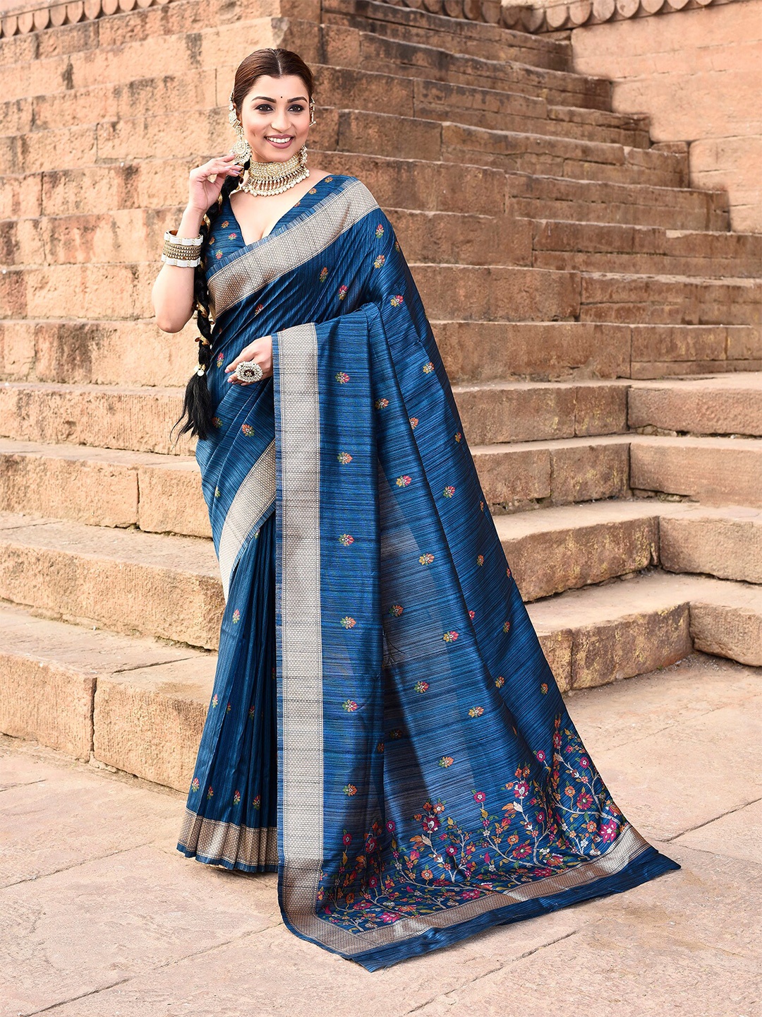 

elora Ethnic Woven Design Pure Silk Tussar Saree, Blue