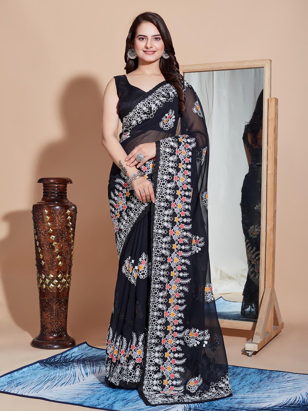 HERE&NOW Floral Embroidered Party Wear Saree, Black
