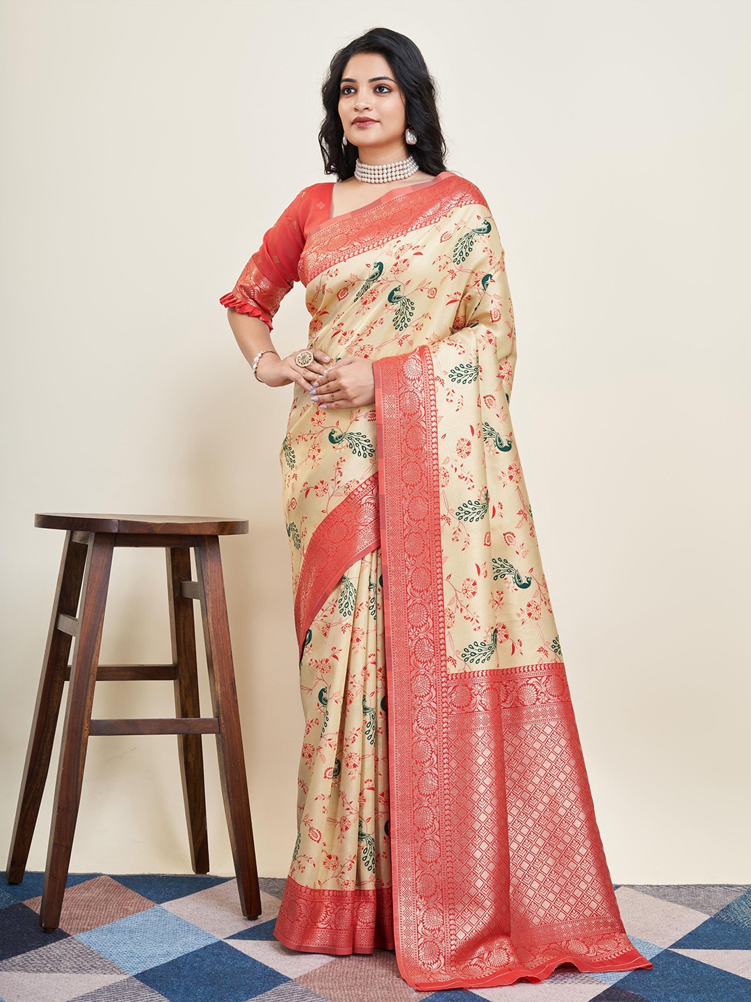 

HERE&NOW Floral Woven Design Banarasi Zari Saree, Yellow