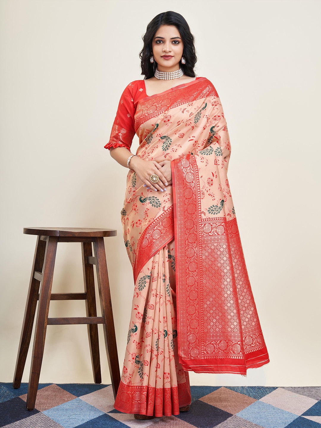 

HERE&NOW Ethnic Woven Design Zari Banarasi Saree, Peach