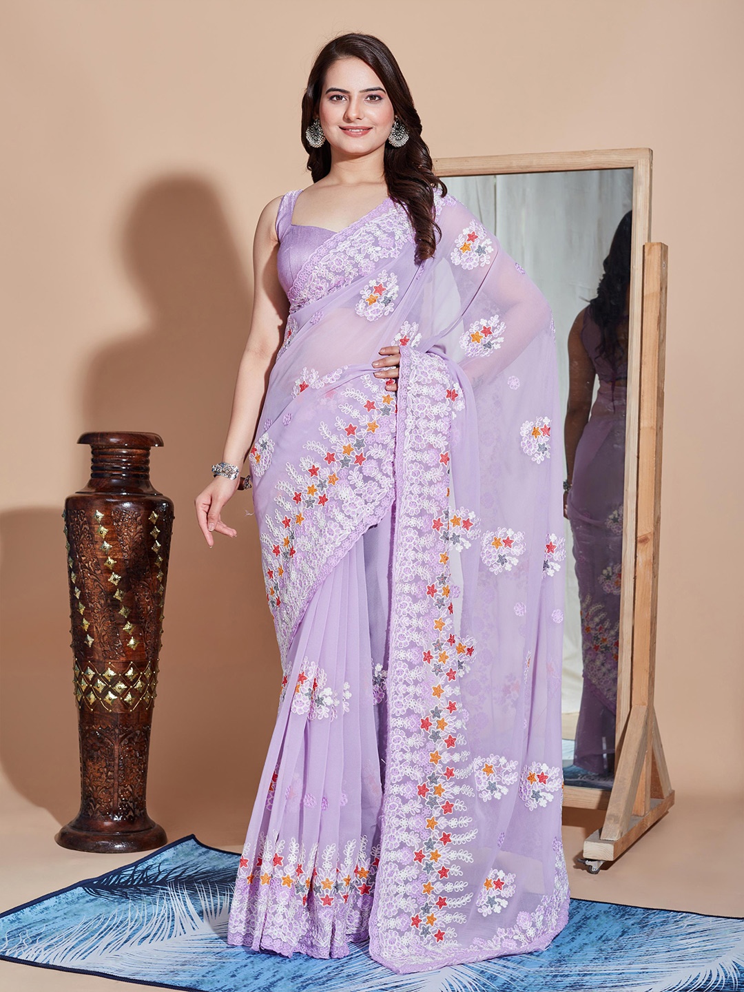 HERE&NOW Floral Embroidered Party Wear Saree, Lavender