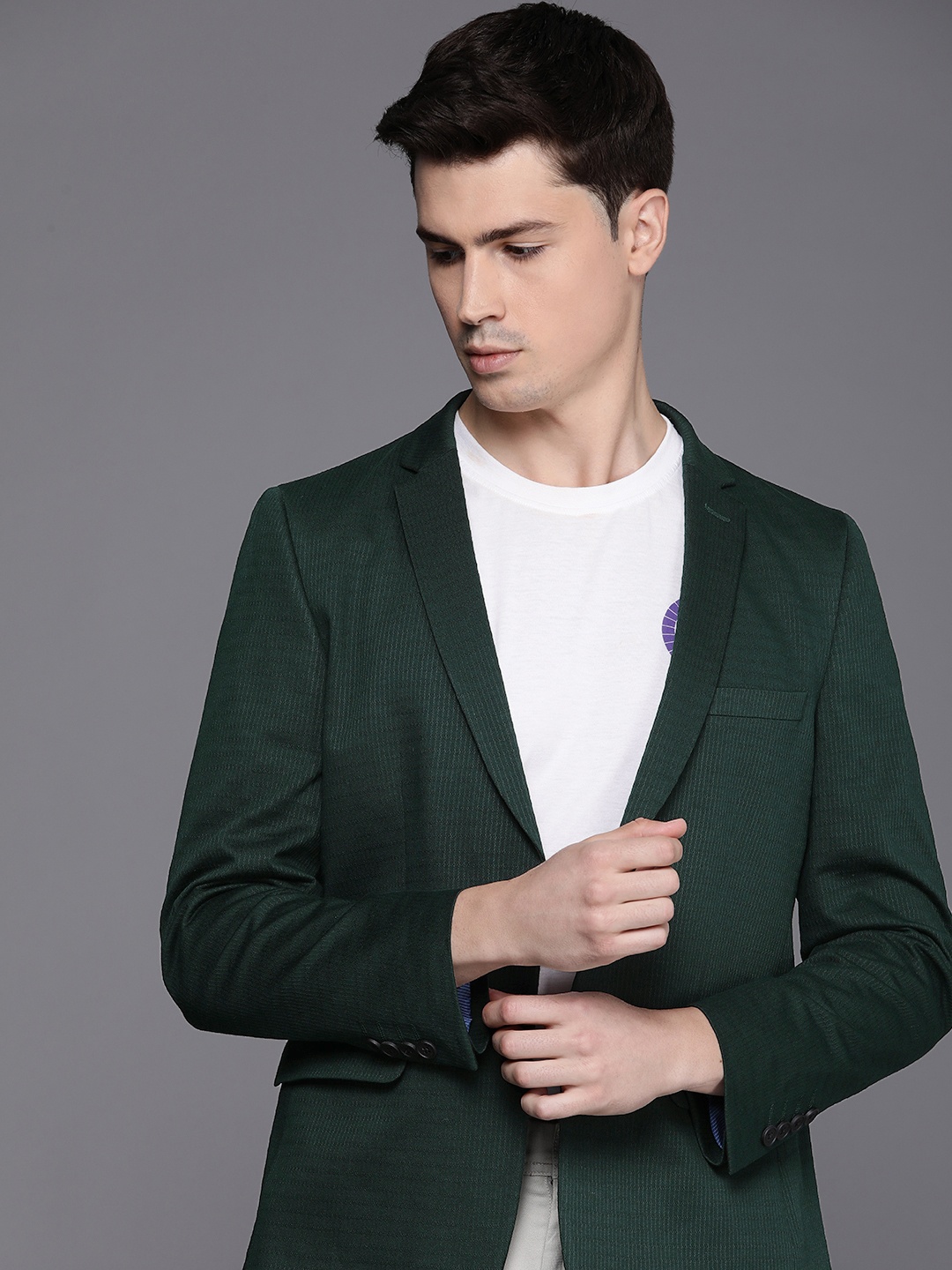 

Louis Philippe Sport Cotton Super Slim Fit Self Design Single Breasted Semiformal Blazers, Green