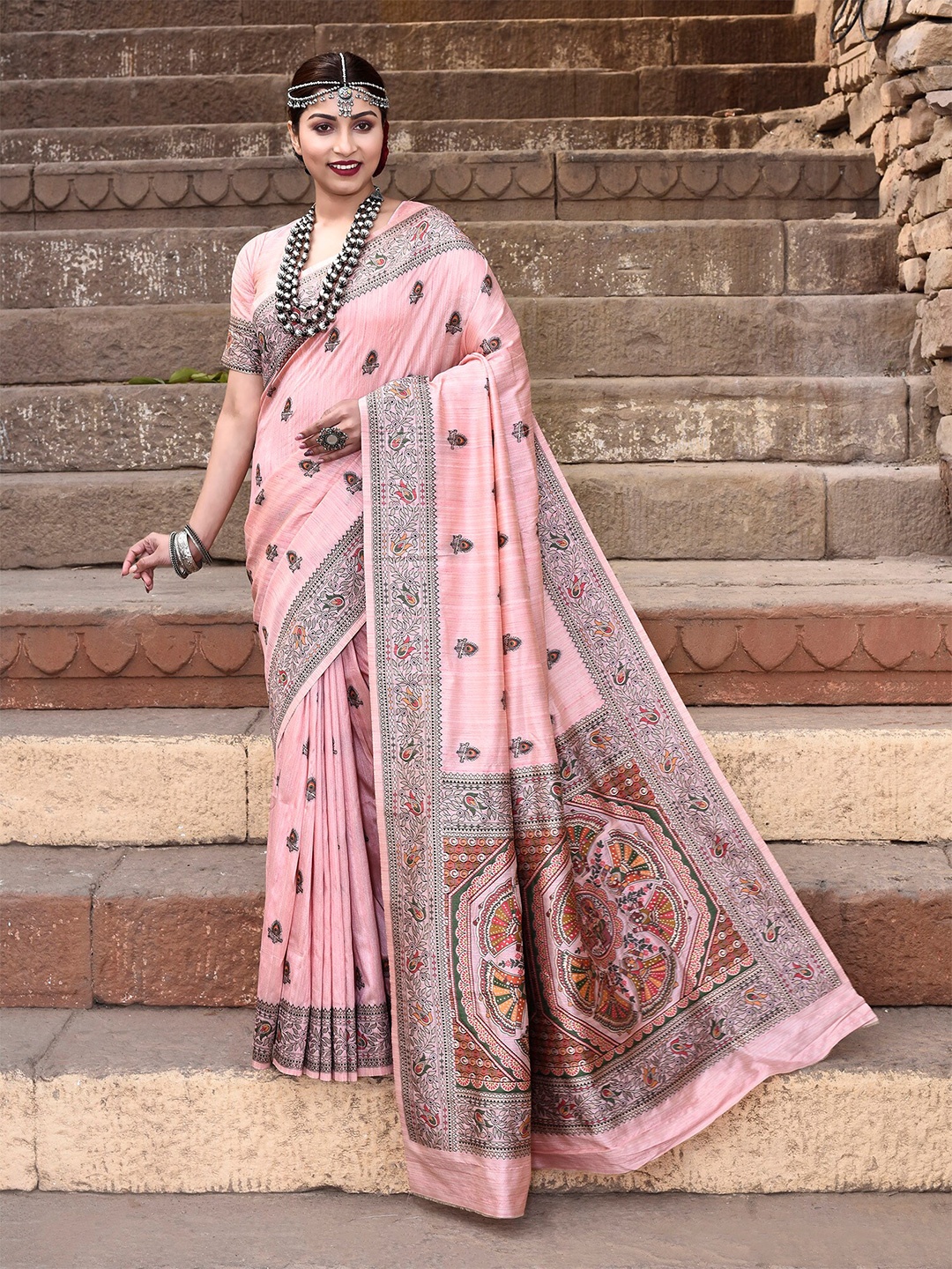 

elora Ethnic Motifs Pure Silk Tussar Saree, Pink