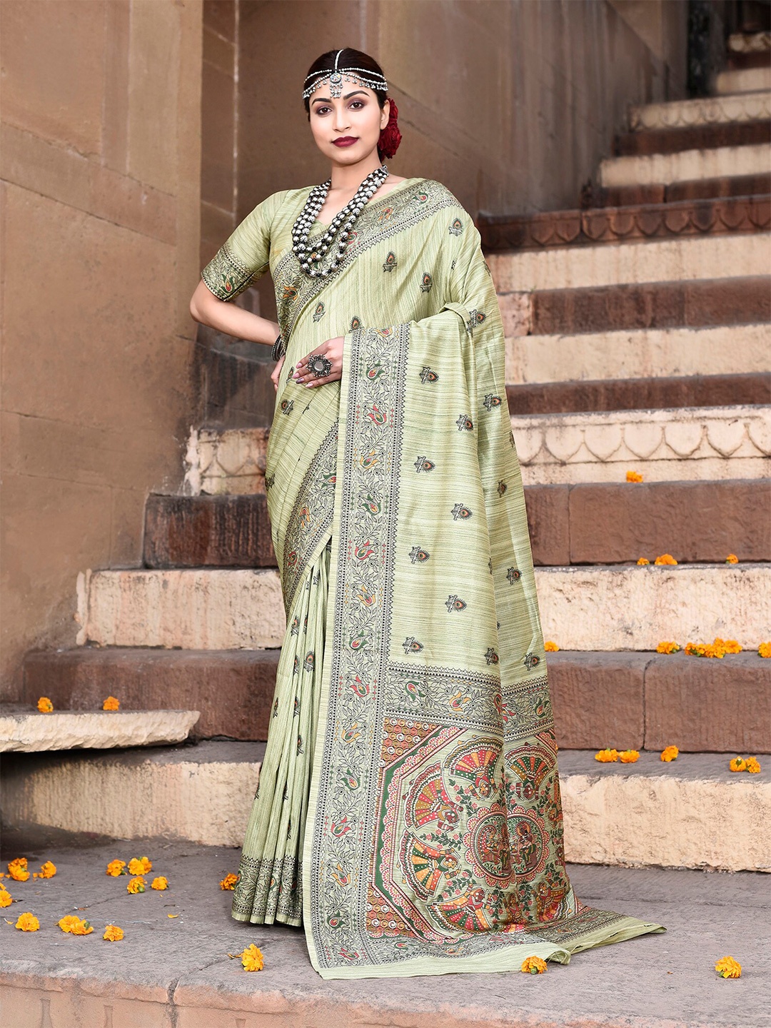 

elora Ethnic Motifs Pure Silk Tussar Saree, Green