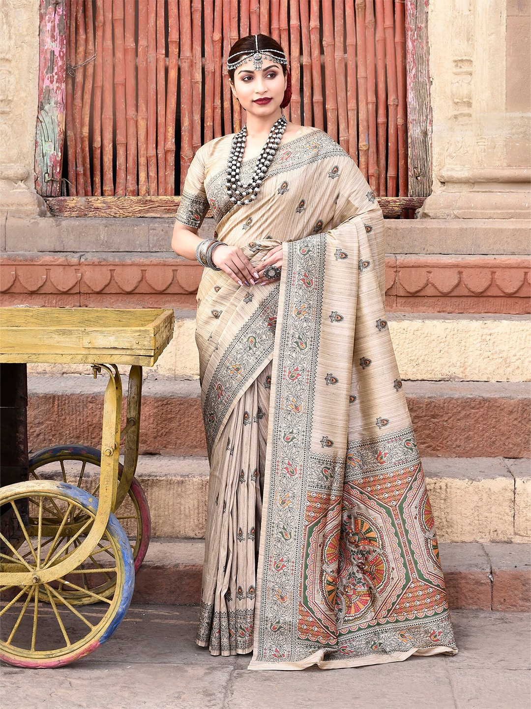 

elora Ethnic Motifs Pure Silk Tussar Saree, Beige
