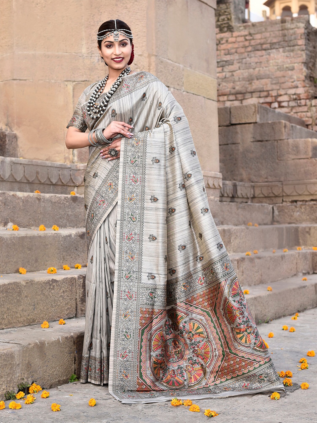 

elora Ethnic Woven Design Pure Silk Tussar Saree, Grey
