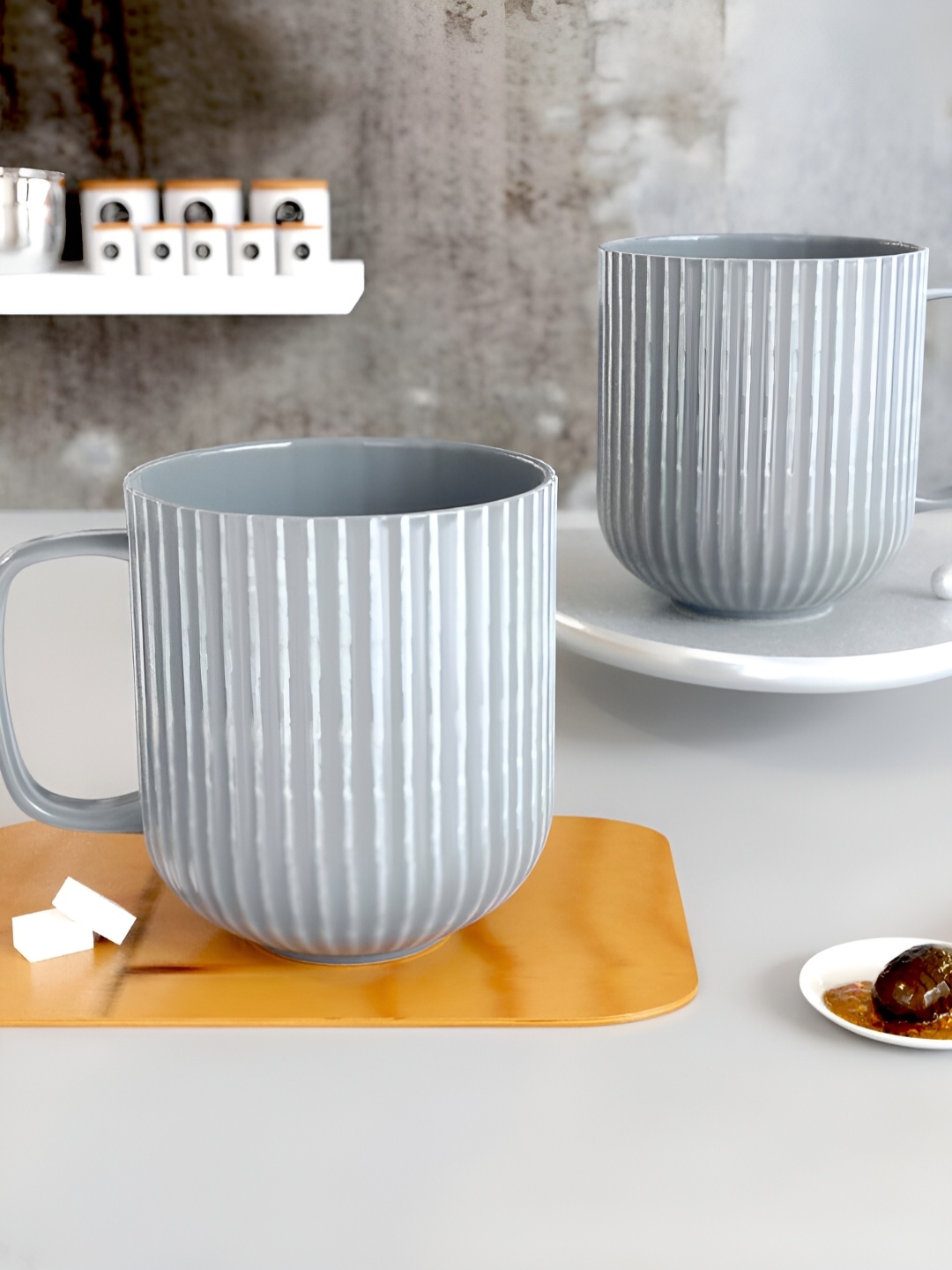

The Earth Store Grey 2 Pcs Textured Microwave Safe Glossy Finish Ceramic Mugs 330 ml Each