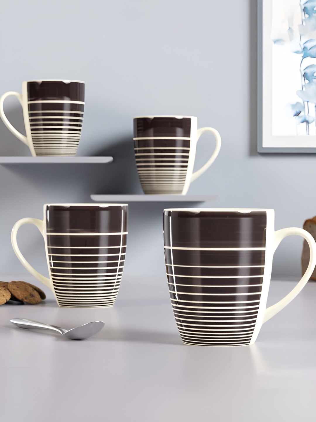 

The Earth Store Brown 4 Pcs Printed Microwave Safe Glossy Finish Ceramic Mugs 280 ml Each