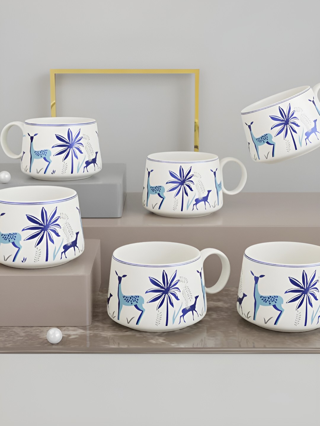 

The Earth Store Blue 6 Pcs Printed Microwave Safe Glossy Finish Ceramic Cups 120 ml Each