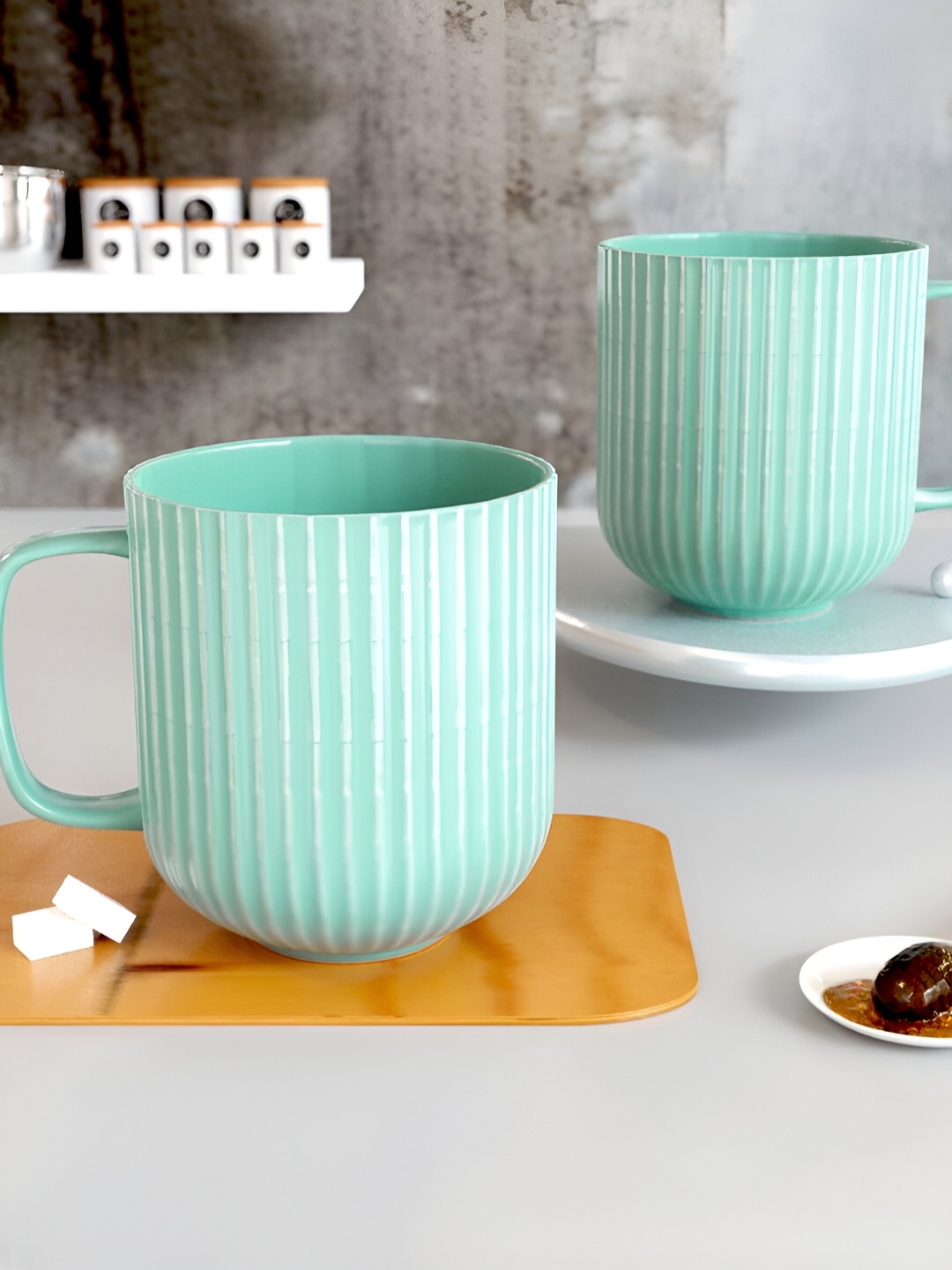

The Earth Store Green 2 Pcs Textured Microwave Safe Glossy Finish Ceramic Mugs 330 ml Each