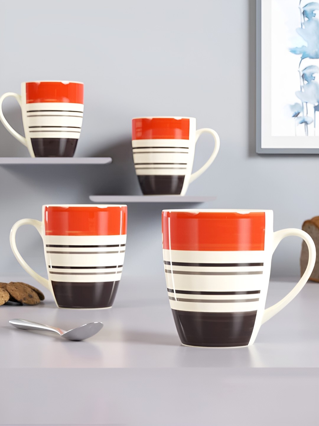 

The Earth Store Orange 4 Pcs Printed Microwave Safe Glossy Finish Ceramic Mugs 280 ml Each