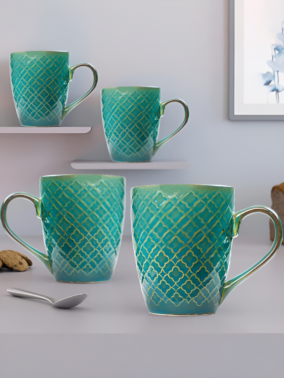 

The Earth Store Green 4 Pcs Printed Microwave Safe Glossy Finish Ceramic Mugs 300 ml Each