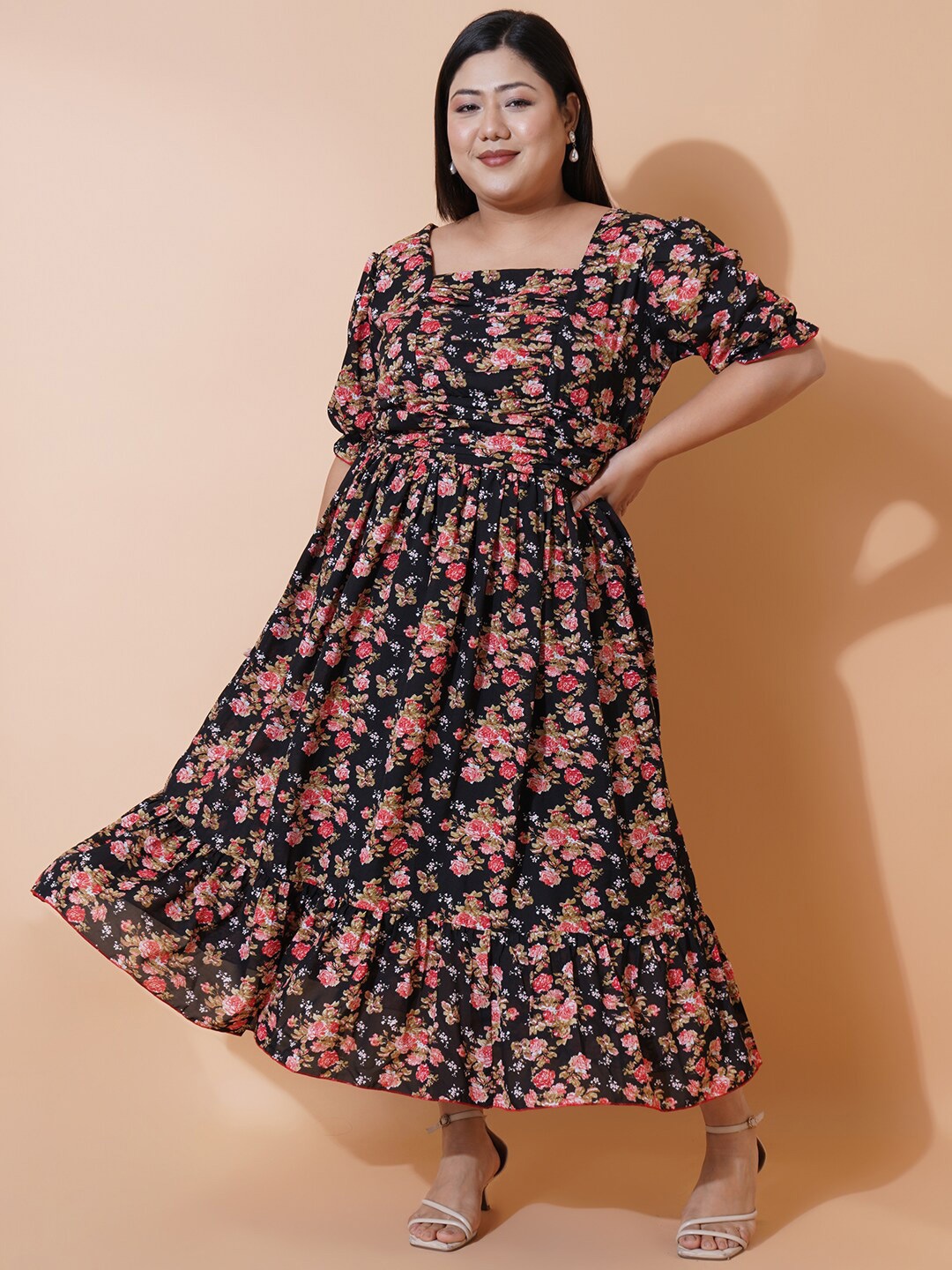 U&F Beyond Floral Print Puff Sleeve Georgette Fit & Flare Midi Dress, Black