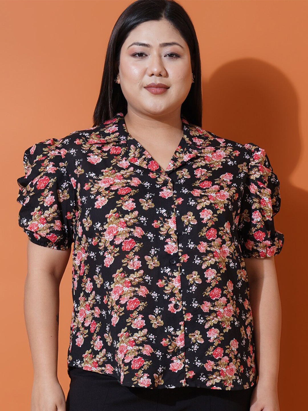 

U&F Beyond Plus Size Floral Printed Puff Sleeves Georgette Shirt Style Top, Black