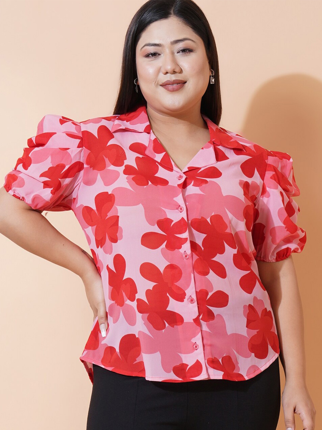

U&F Beyond Red Plus Size Floral Printed Puff Sleeves Shirt Style Top