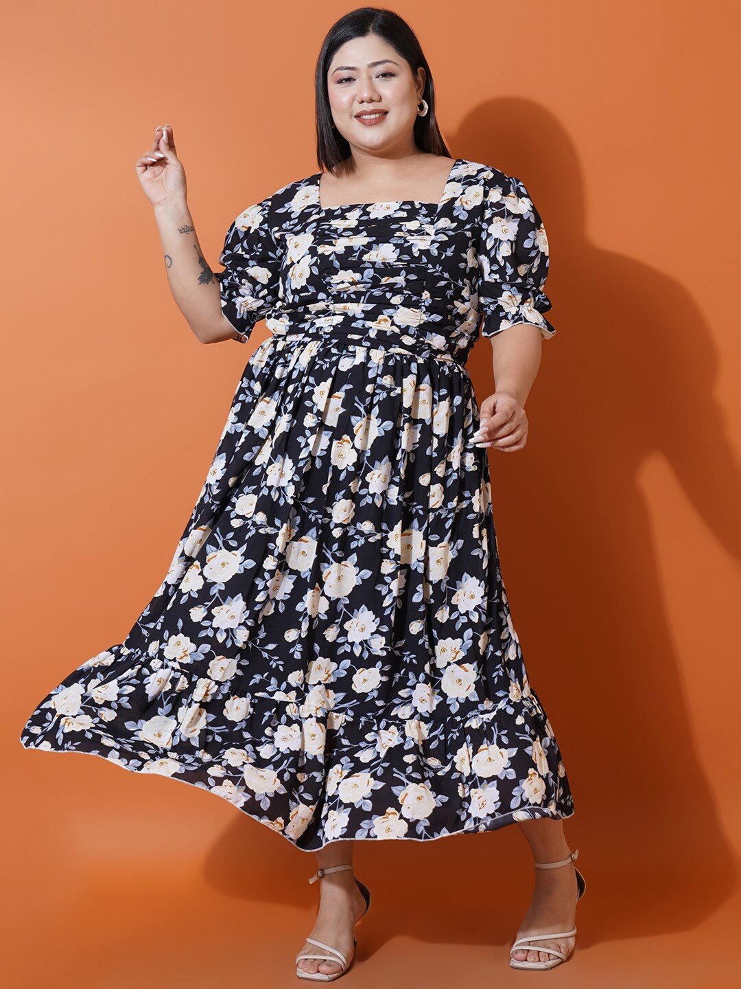 

U&F Beyond Floral Printed Georgette Fit & Flare Midi Dress, Black