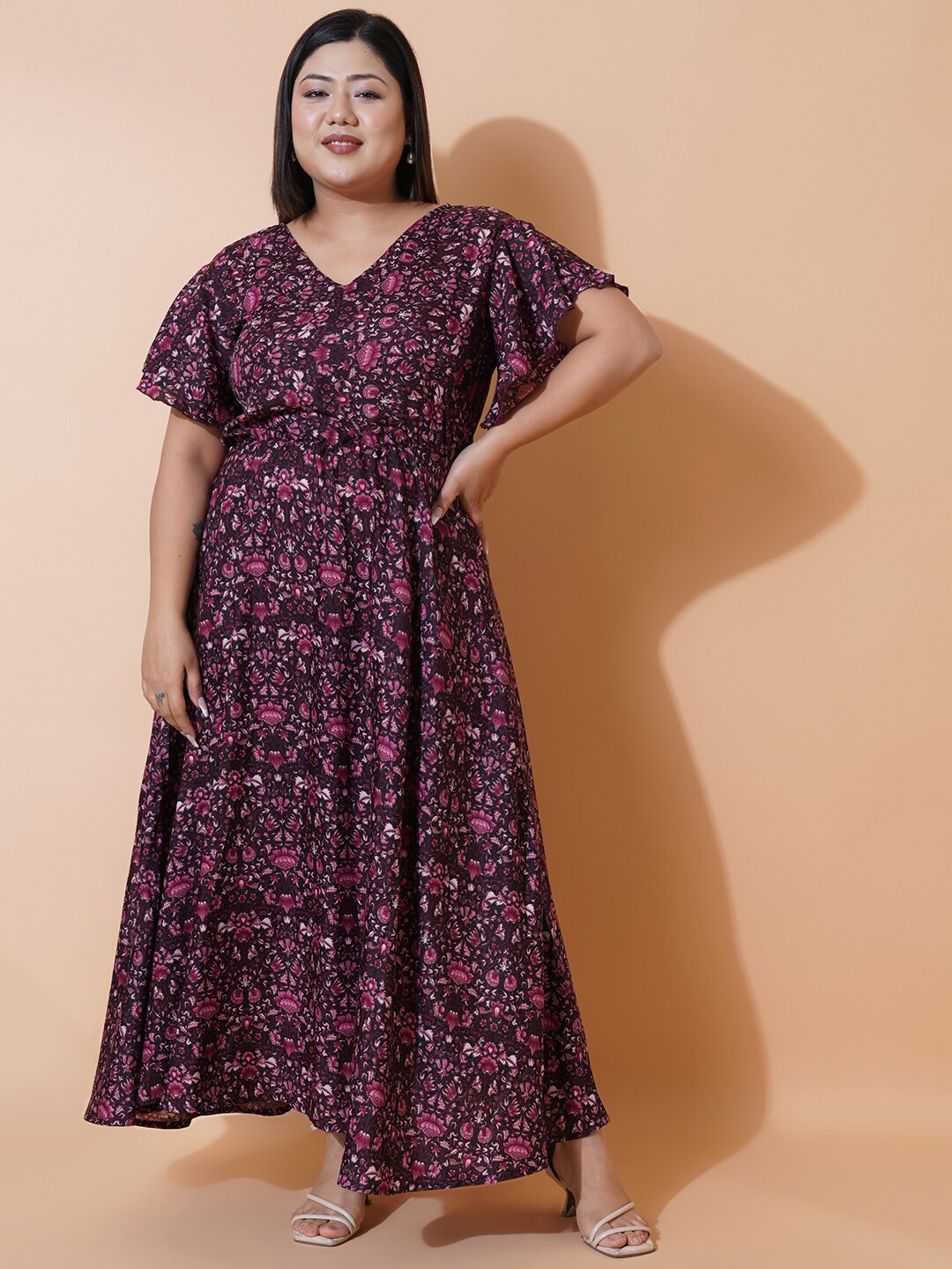 

U&F Beyond Floral Printed Flutter Sleeve Crepe Maxi Dress, Burgundy