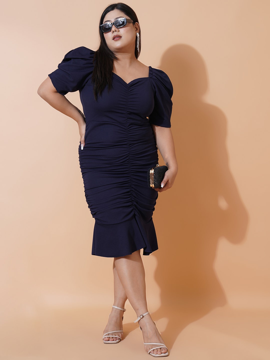 

U&F Beyond Plus Size Sweetheart Neck Puff Sleeve Ruched Scuba Sheath Dress, Navy blue