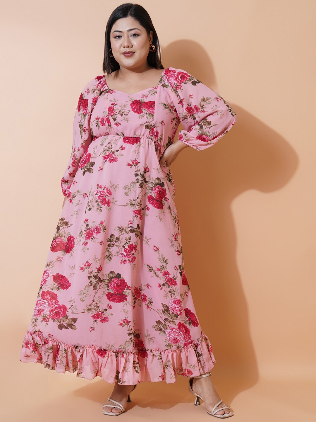 U&F Beyond Floral Printed Puff Sleeves Maxi Dress, Pink
