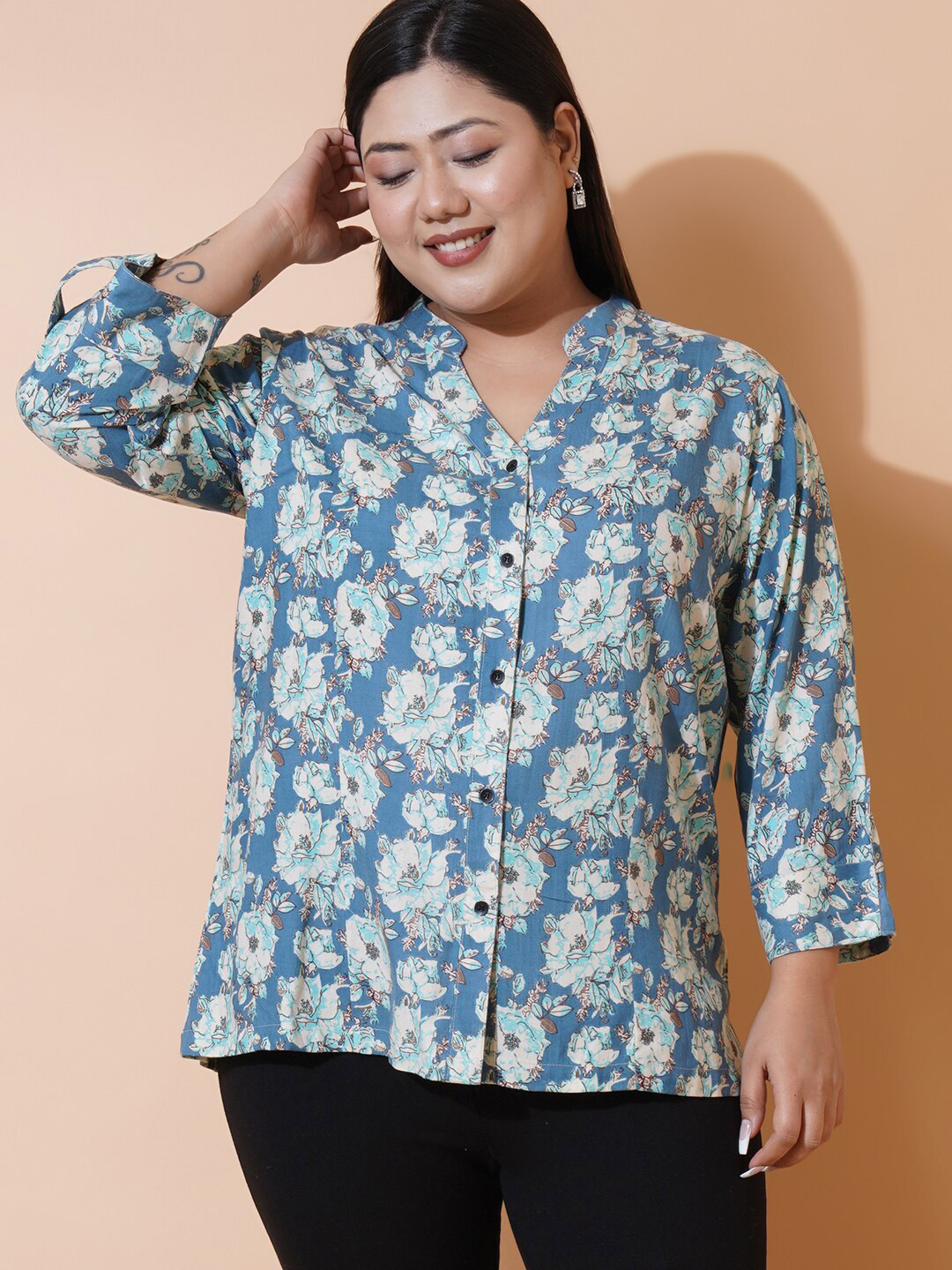 

U&F Beyond Plus Size Floral Print Cotton Top, Blue