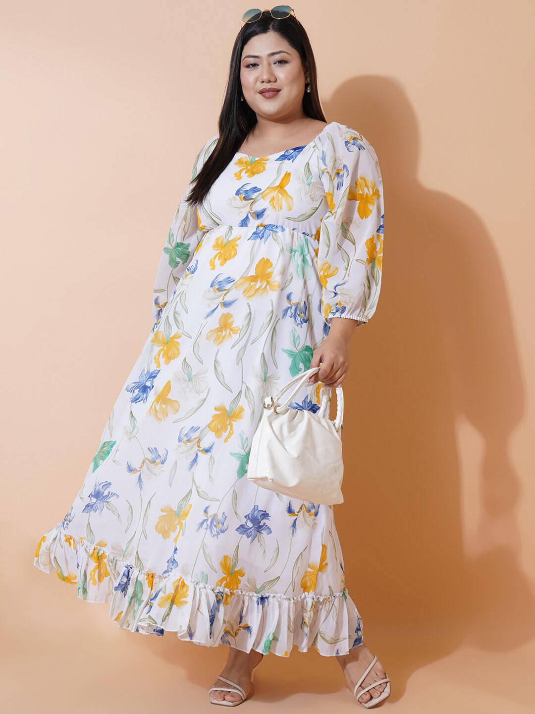 

U&F Beyond Floral Printed Puff Sleeves Fit & Flare Midi Dress, Off white
