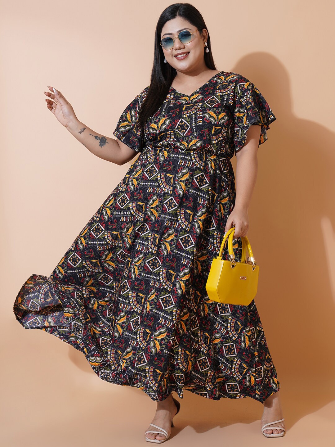 

U&F Beyond Plus Size Ethnic Motifs Printed Flared Sleeves Maxi Dress, Black