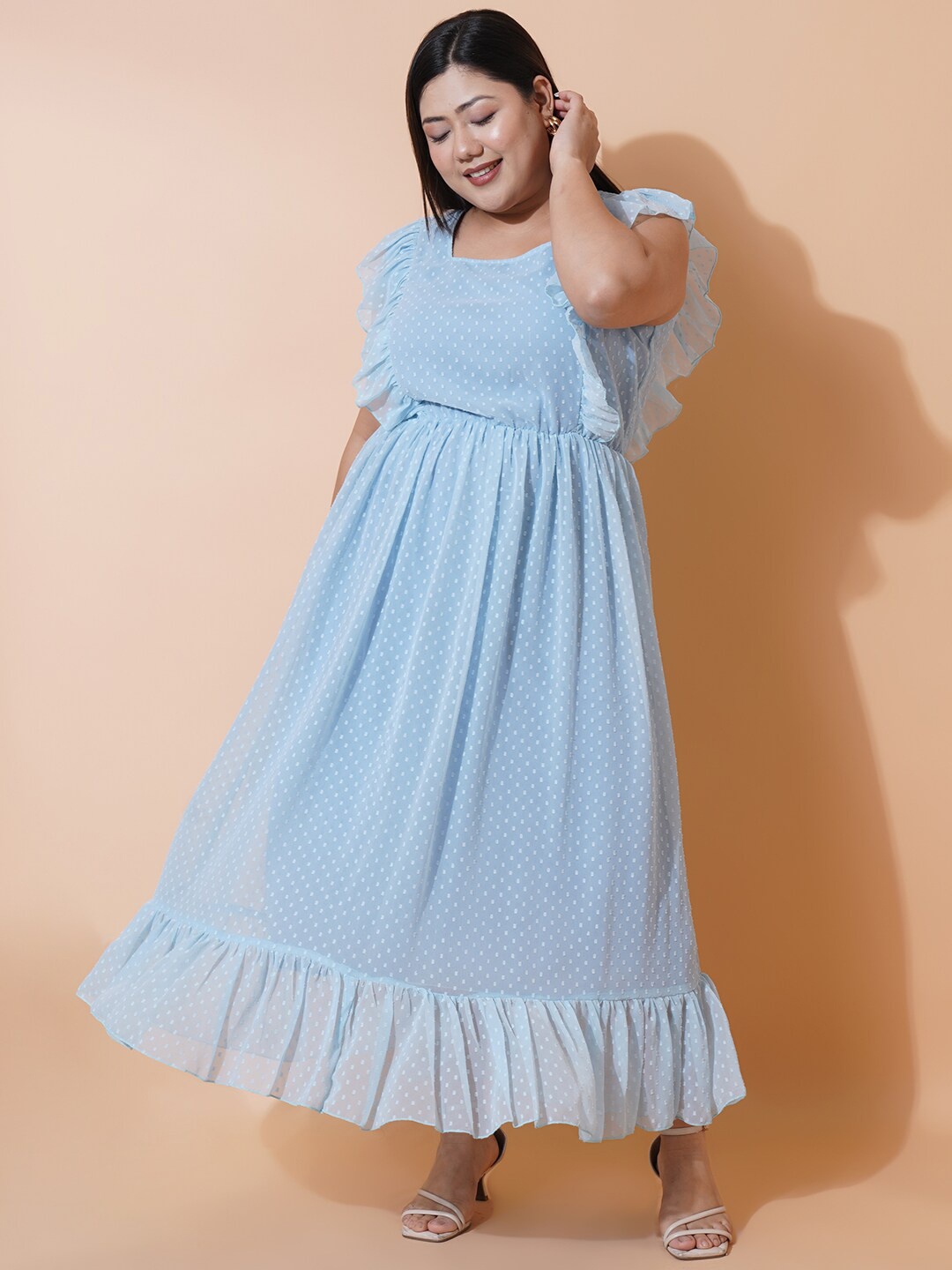 

U&F Beyond Plus Size Self Design Square Neck Ruffled Georgette Fit and Flare Maxi Dress, Blue