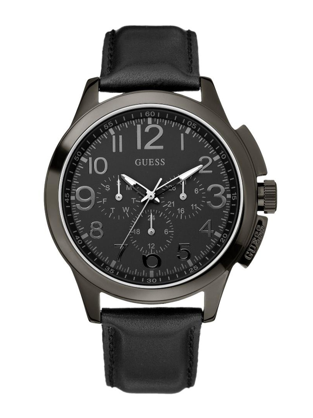 

GUESS Men Brass Dial & Leather Bracelet Style Straps Analogue Watch U10628G1M, Black