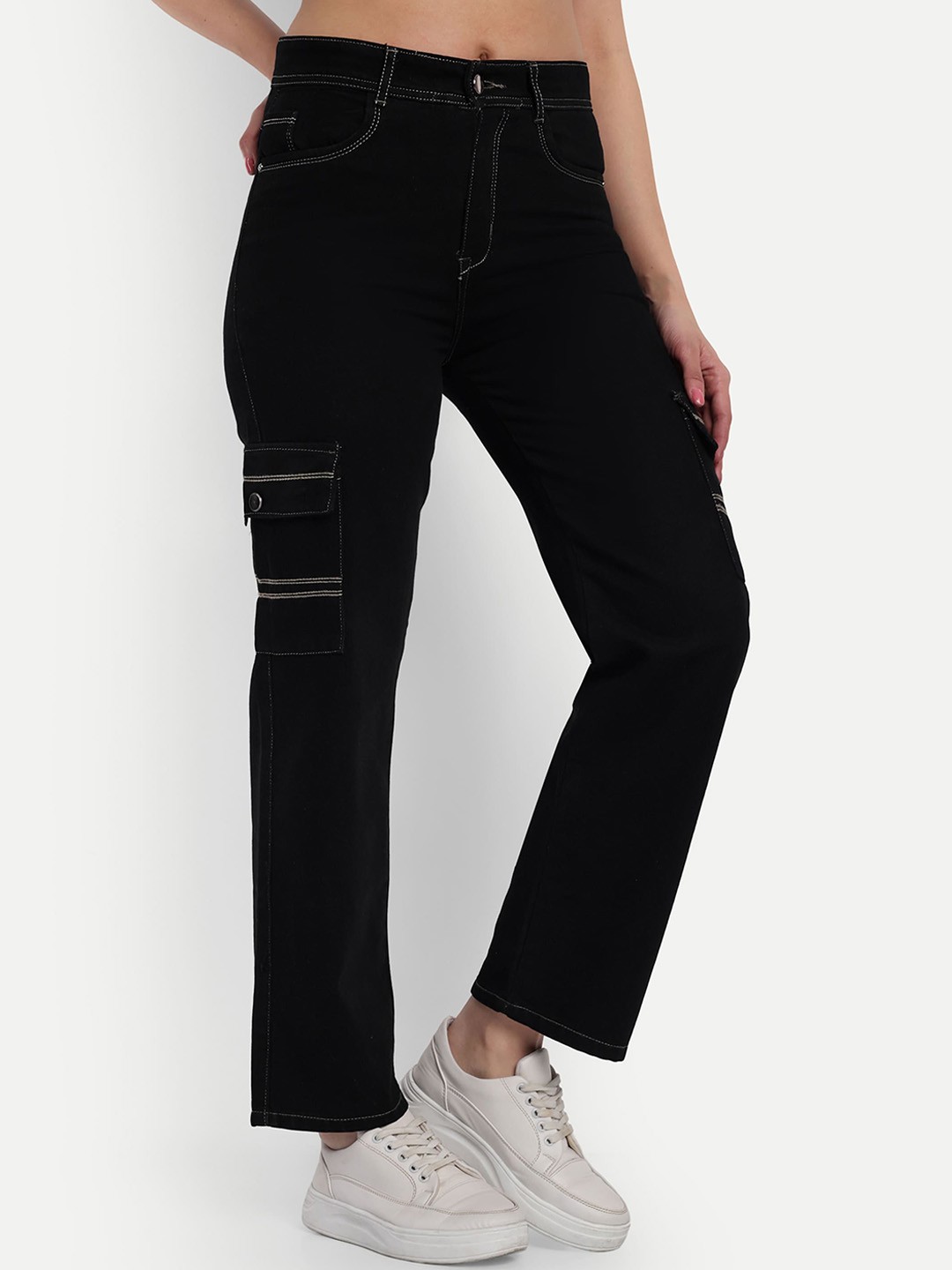 

Next One Women Smart Straight Fit High-Rise Cotton Denim Cargo, Black