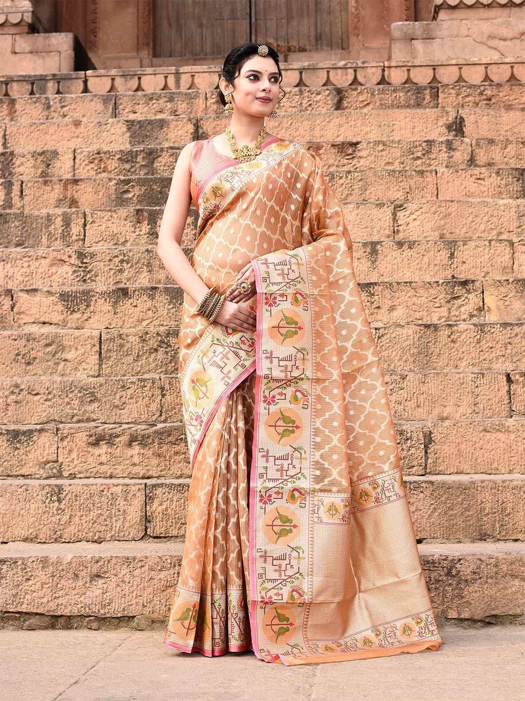 

elora Geometric Woven design Paithani Saree, Orange