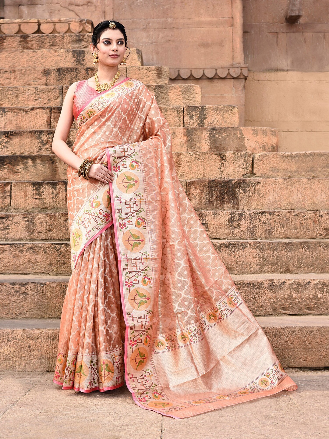 

elora Geometric Woven Design Zari Paithani Saree, Peach