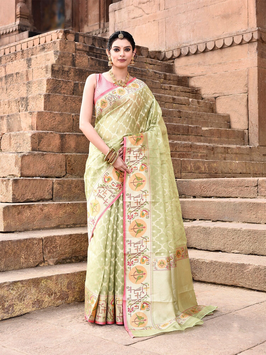 elora Ethnic Woven Design Zari Paithani Saree, Green