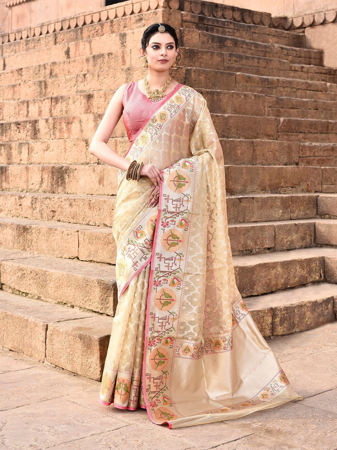 

elora Geometric Woven Design Paithani Saree, Cream