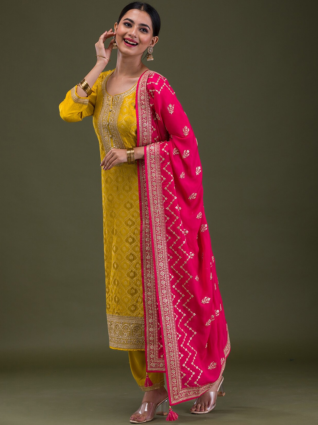 

Koskii Ethnic Motifs Embroidered Notch Neck Zari Work Kurta With Salwar & Dupatta, Mustard