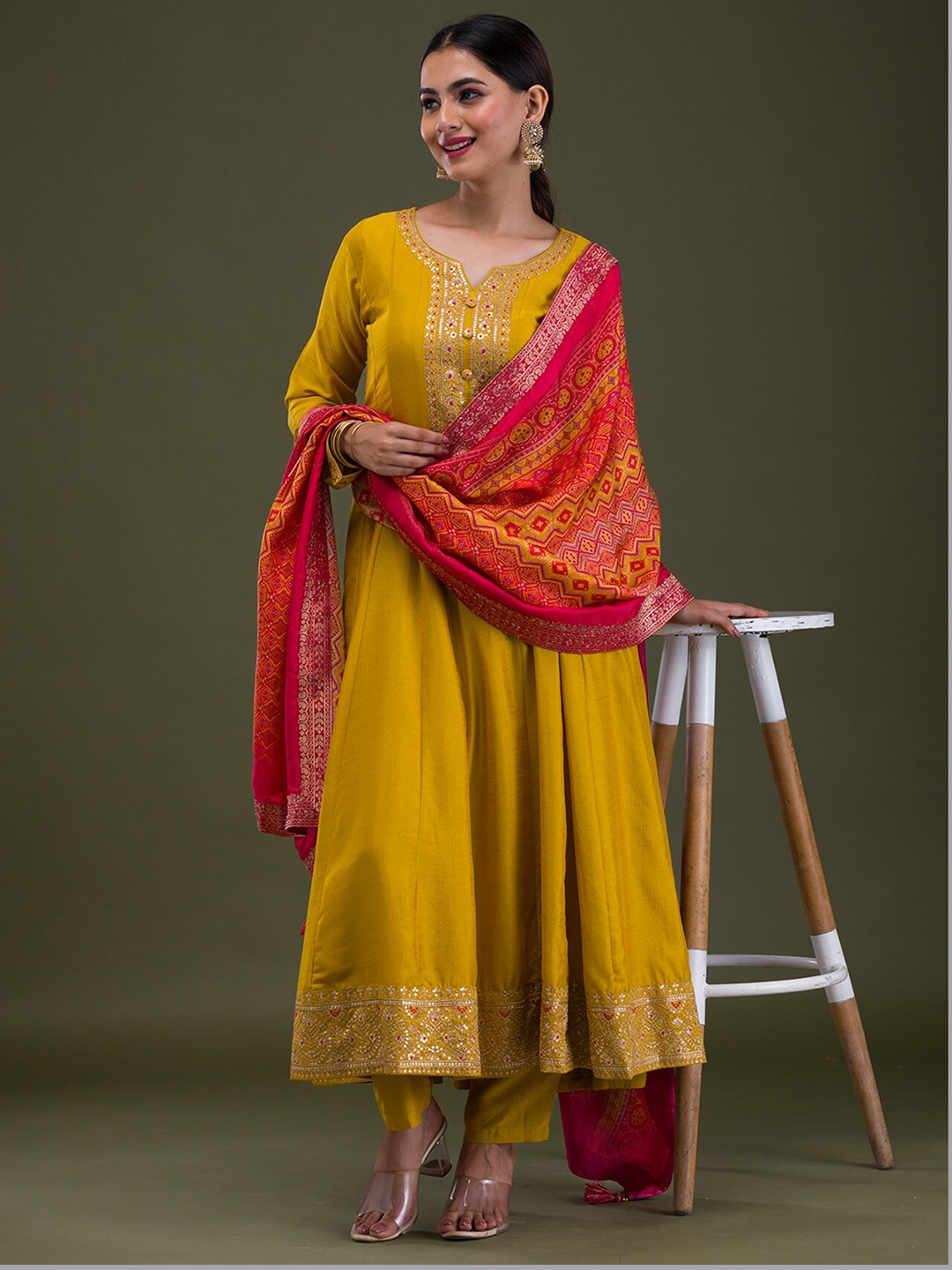 

Koskii Ethnic Motifs Embroidered Notch Neck Zari Work Anarkali Kurta With Salwar & Dupatta, Mustard