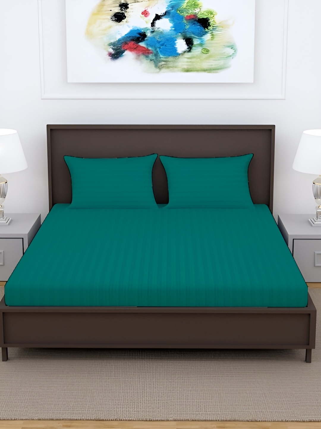 

Hammer Home Teal Striped Printed 200 TC Fitted Queen Bedsheet With 2 Pillow Covers