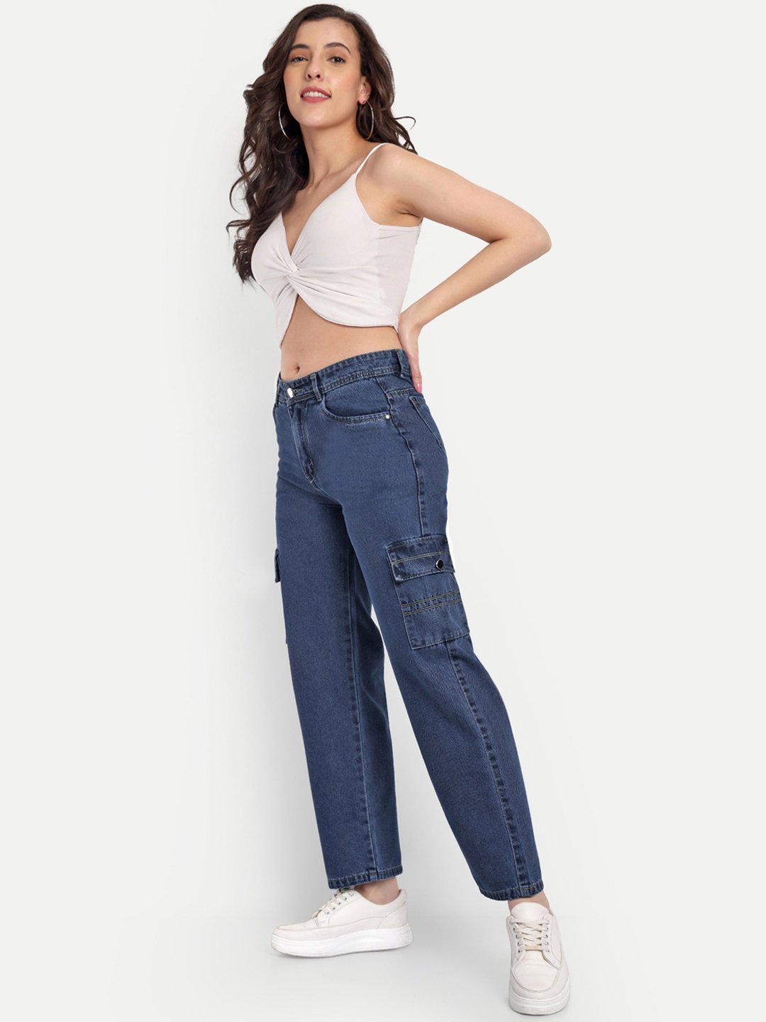 

BROADSTAR Women Smart Straight Fit High-Rise Clean Look Light Fade Cotton Cargo Jeans, Blue